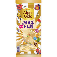 Шоколад Alpen Gold Max Fun белый со взрывной карамелью, шоколадным драже, мармеладом и карамелью со вкусом апельсина, 150г