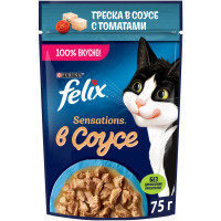 Корм Felix Sensations в соусе с треской и томатами для взрослых кошек, 75г