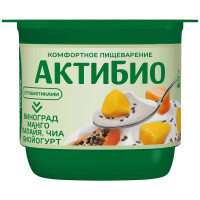Биойогурт Актибио с виноградом манго папайей и семенами чиа обогащенный бифидобактериями 2.9%, 130г Биойогурт Актибио с виноградом манго папайей и семенами чиа обогащенный бифидобактериями 2.9%, 130г