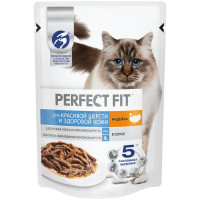Влажный корм Perfect Fit для кошек красивая шерсть и здоровая кожа с индейкой в соусе, 75г