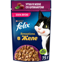 Корм Felix Sensations в желе с уткой и шпинатом для взрослых кошек, 75г