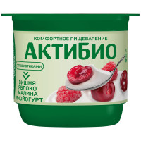 Биойогурт Актибио с вишней яблоком и малиной обогащенный бифидобактериями 2.9%, 130г Биойогурт Актибио с вишней яблоком и малиной обогащенный бифидобактериями 2.9%, 130г