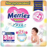 Подгузники-трусики Merries р.M 6-11кг, 74шт