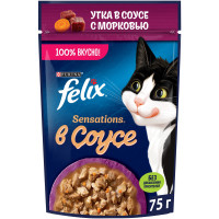 Корм Felix Sensations с уткой в соусе с морковью консервированный для взрослых кошек, 75г