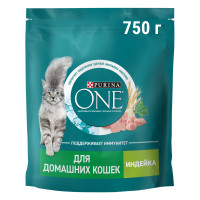 Сухой корм Purina One для взрослых кошек живущих в домашних условиях с индейкой, 750г