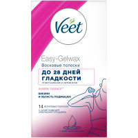 Восковые полоски Veet Easy-Gelwax для чувствительных участков тела бархатная роза и масла, 14шт