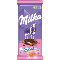 Шоколад молочный Milka с круглым печеньем Oreo с начинкой со вкусом клубники, 92г