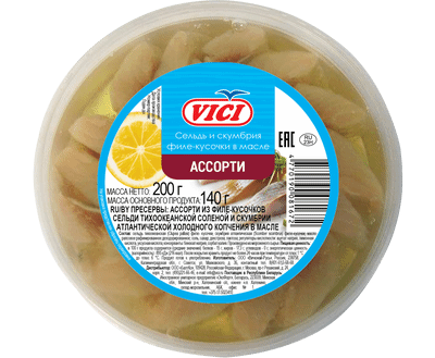 Рыбное ассорти Vici сельдь-скумбрия филе-кусочки холодного копчения, 200г