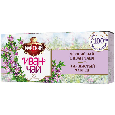 Чай Майский Иван-чай чёрный байховый с душистым чабрецом в пакетиках, 25х1.5г
