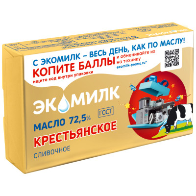Масло сливочное Экомилк Крестьянское 72.5%, 180г