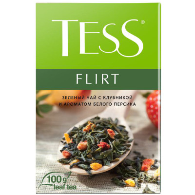 Чай Tess Flirt зелёный с клубникой и ароматом белого персика, 100г
