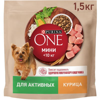 Сухой корм Purina One Мини для активных собак мелких пород с курицей и рисом, 1.5кг