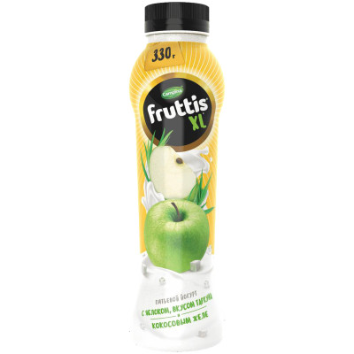 Йогурт Fruttis XL питьевой Яблоко и кусочки кокосового желе Ната де Коко 2%, 330мл