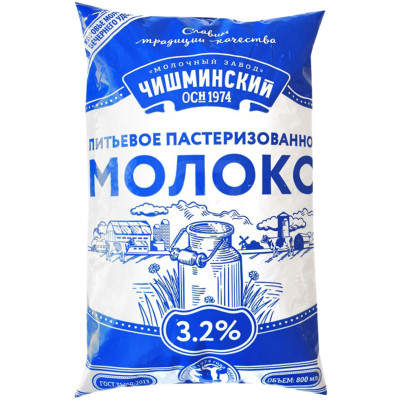 Молоко Чишминский Молочный Завод питьевое пастеризованное ГОСТ 3.2%, 800мл