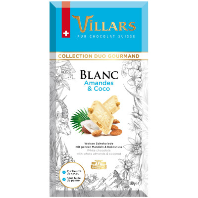 Шоколад белый Villars белый с цельным миндалём и карамелизованным кокосом, 180г
