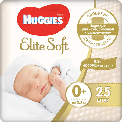 Подгузники Huggies Elite Soft р.0+ до 3.5кг, 25шт