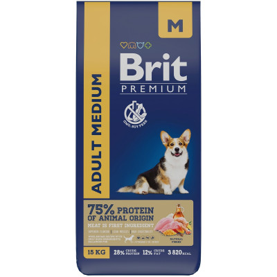 Сухой корм Brit Premium Dog Adult Medium с курицей для взрослых собак средних пород, 15кг