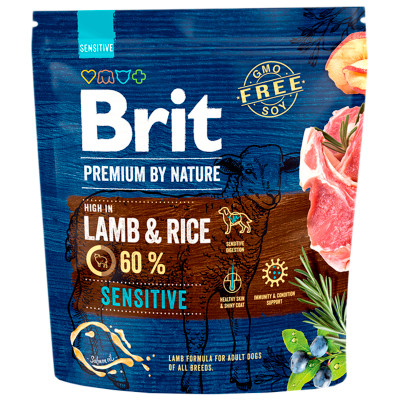 Корм Brit Premium Dog Sensitive с ягненком и рисом для взрослых собак всех пород сухой, 1кг