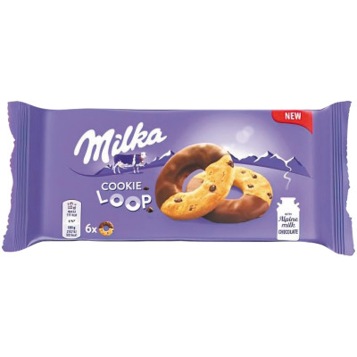 Печенье MILKA Choco Loop с кусочками шоколада частично покрытое молочным шоколадом, 132г