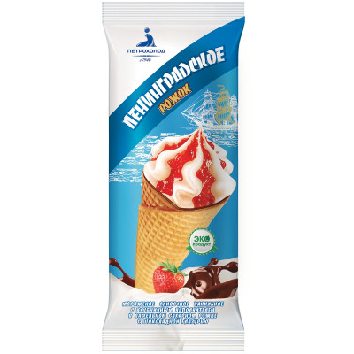 Мороженое Ленинградское сливочное ванильное с клубничным наполнителем в рожке с шоколадной глазурью 10%, 100г