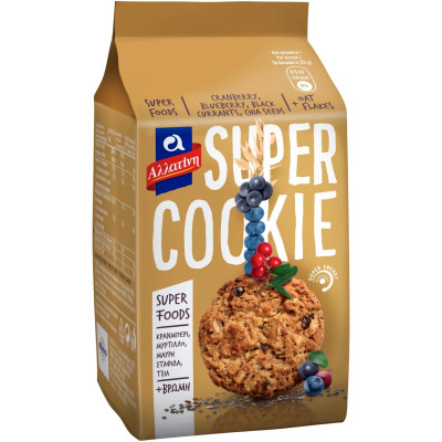 Печенье Allatini Super Cookie клюква-черника-изюм-семена чиа-овсяные хлопья, 180г