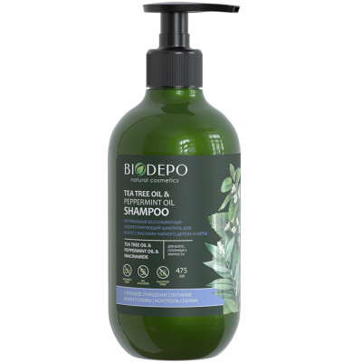 Шампунь Biodepo натуральный себорегулирующий для волос с маслами чайного дерева и мяты, 475мл