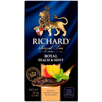 Чай Richard Royal Peach & Mint чёрный с ароматом персика и мяты в пакетиках, 25х1.7г
