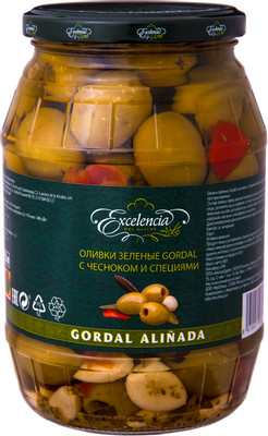 Оливки Excelencia del olivar Gordal alinada с чесноком и специями зелёные, 800г