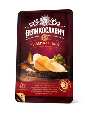 Сыр полутвёрдый Великославич рецепт №5 выдержанный нарезка 50%, 140г