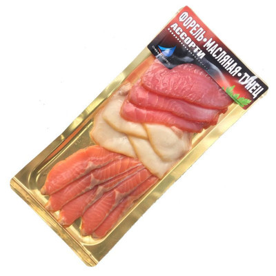 Рыбное ассорти Дивный Берег форель-рыба масляная-тунец филе-кусочки холодного копчения, 150г