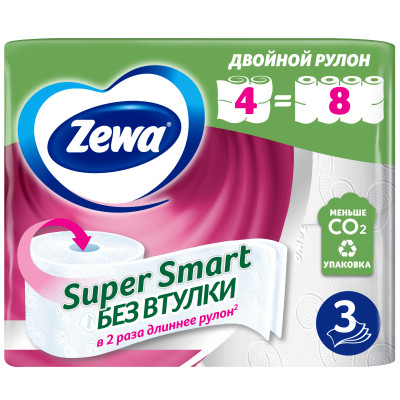Бумага Zewa Super Smart 4шт туалетная белая 3-х слойная
