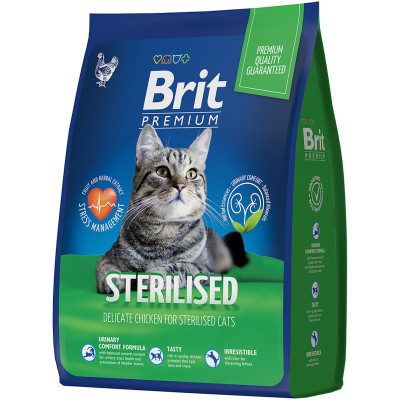 Сухой корм Brit Premium Cat Sterilized с курицей для взрослых стер кошек, 2кг