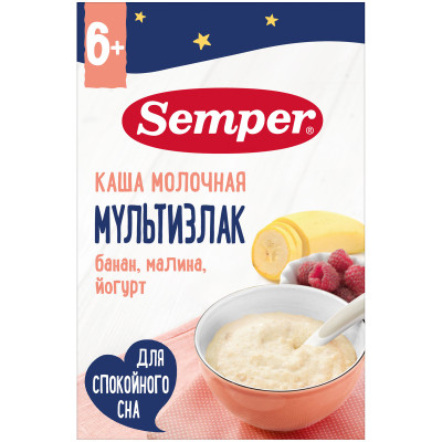 Каша Semper молочная мультизлак с бананом малиной и йогуртом с 10 месяцев, 200г