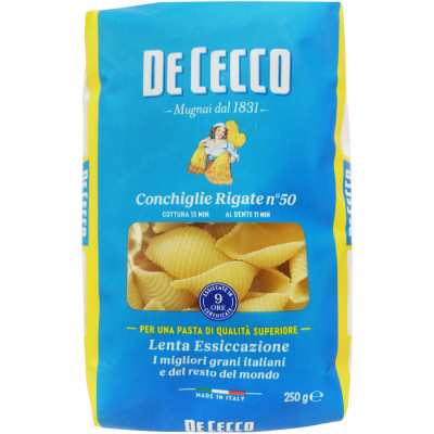 Изделия макаронные De Cecco Конкильe Ригате №50 из твердых сортов пшеницы, 250г