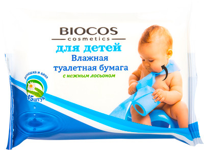 Бумага туалетная Biocos 45шт влажная для детей