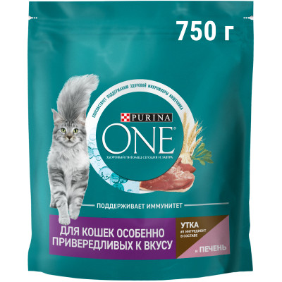Сухой корм Purina One для кошек особенно привередливых к вкусу с уткой и печенью, 750г
