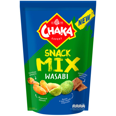 Смесь Chaka Snack mix вкус васаби арахис-зёрна кукурузы и кукурузно-ржаные чаксы, 150г
