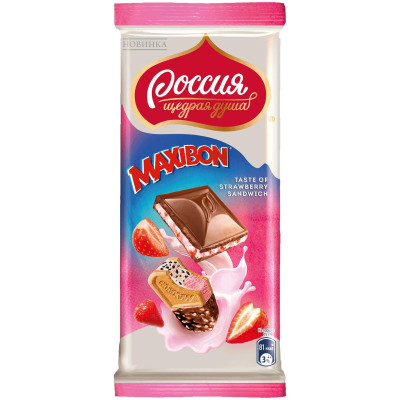 Шоколад молочный Россия - Щедрая Душа! Maxibon с клубникой и печеньем, 80г