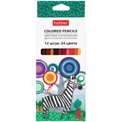Карандаши Хатбер цветные двухсторонние трехгранные 24 цвета, 12штук