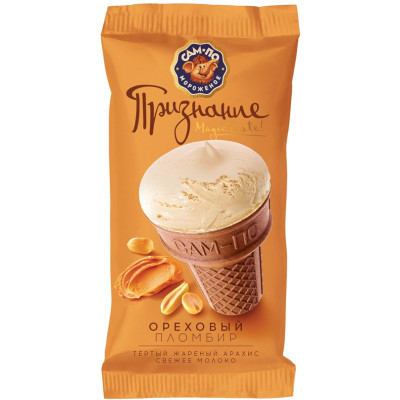 Мороженое Сам-По Признание пломбир ореховый в вафельном шоколадном стаканчике БЗМЖ 12%, 85г
