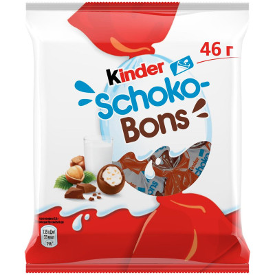 Конфеты Kinder Schoco-Bons молочный шоколад с молочно-ореховой начинкой, 46г