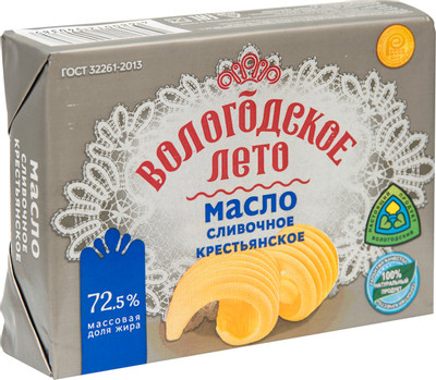 Масло сливочное Вологодское Лето Крестьянское ГОСТ 72.5%, 180г