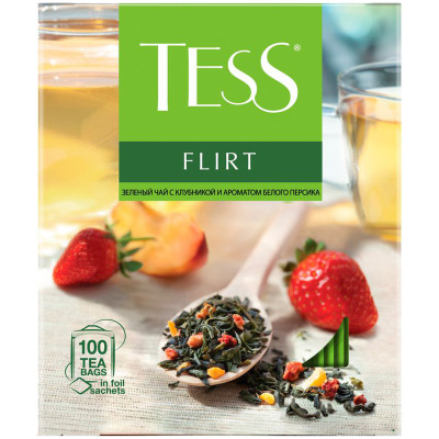 Чай Tess Флирт зелёный байховый с клубникой и ароматом белого персика в пакетиках, 100х1.5г