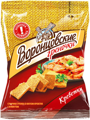Сухарики-гренки Воронцовские пшеничные со вкусом креветки с кунжутом, 60г
