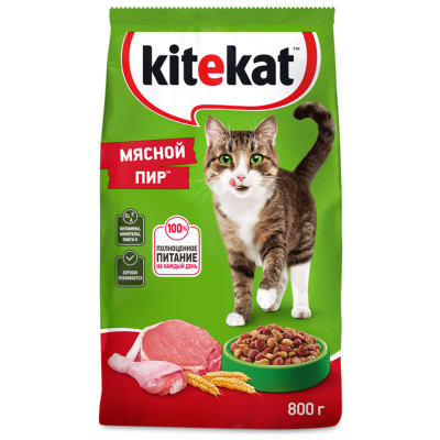 Сухой корм Kitekat полнорационный для взрослых кошек Мясной Пир, 800г