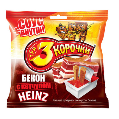 Сухарики Три корочки со вкусом бекона, 60г + кетчуп Heinz, 25мл