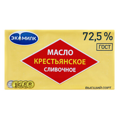 Масло сладкосливочное Экомилк Крестьянское несолёное 72.5%, 450г