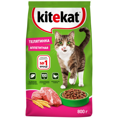 Сухой корм Kitekat полнорационный для взрослых кошек Телятинка Аппетитная, 800г