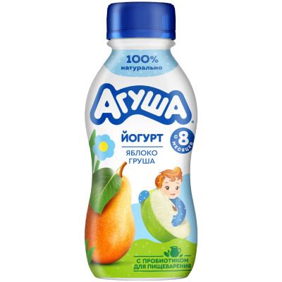 Йогурт питьевой Агуша Яблоко-Груша для детского питания с 8 месяцев 2.7%, 180г