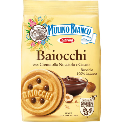 Печенье Mulino Bianco Baiocchi сандвичное сахарное с какао-ореховым кремом, 260г